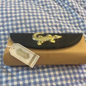 MudPie black VEGAN LEATHER with alligator Polka Dot interior . 9.5” W x 4”D